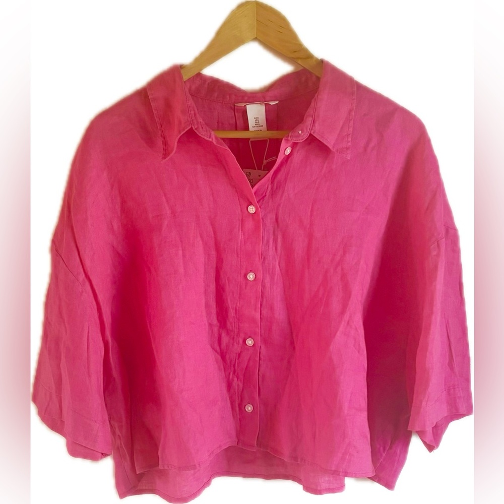 NWT H&M Hot Pink Linen Cropped Button-Up Top